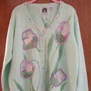 Mint Green Fuzzy Bunny Easter Flower Eggs Cardigan Sweater Storybook Knits HSN